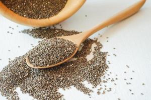 Chia seeds piled on a table and in a wooden spoon on a white background.