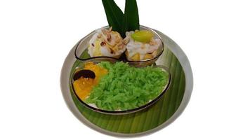 Green sticky rice set served with mango ice cream photo
