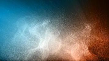 Abstract blue and orange color digital particles wave flow with dust background photo