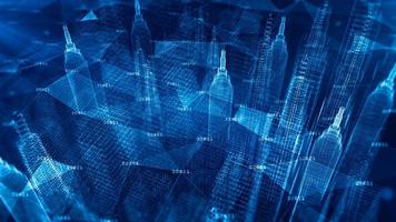 Digital City, Digital cyberspace with particles and Digital data network connections, 5g High speed internet connection and Data analysis process, Smart city background concept. photo