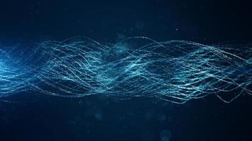 Abstract blue color digital particles line wave with bokeh and light background photo