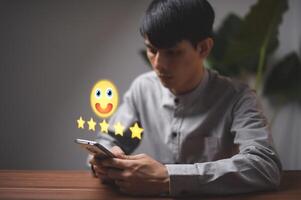 Customer review satisfaction feedback, User give rating to service experience on online application photo