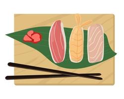 Set of traditional Japanese dishes of rolls and sushi with seafood. On a wooden tray. vector