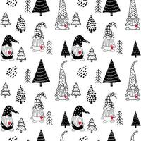 Seamless pattern with a cute hand drawn gnome and a Christmas tree. Scandinavian style vector background of doodle elements