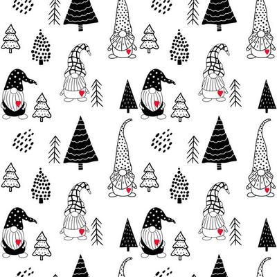 Seamless pattern with a cute hand drawn gnome and a Christmas tree. Scandinavian style vector background of doodle elements