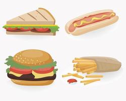 Vector illustration of fast food takeout. Set of hamburger, hot dog, sandwich, fries.