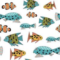 Seamless pattern with various abstract fish. Underwater sea world. vector