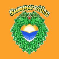corona de vibraciones de verano de hojas de monstera en la ilustración de vector de playa