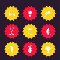 Golf icons, badges with clubs, golfers, golf bag vector
