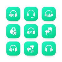 headphones, wireless earbuds, headsets icons vector