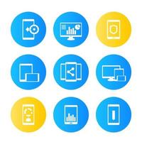 mobile, desktop apps icons set, pictograms with smartphones and tablets vector