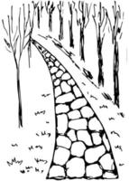 Stone path, alley, trees, a walk in the park, the road into the distance. Vector ink drawing.