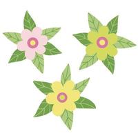 Set with decorative daisy flowers with leaves. Hand drawn flat illustration. Great for Easter greeting cards vector