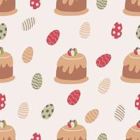 Seamless pattern with Easter treats and cakes. Great for fabric, wrapping papers. Hand drawn flat  illustration on beige background. vector