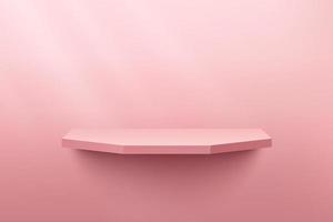 estante en forma de hexágono rosa claro, podio de pedestal. habitación rosa vacía. sombra de ventana. vector abstracto que representa la forma 3d. presentación de exhibición de productos. sala de estudio, escena de pared mínima de color pastel.