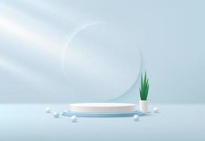 Abstract white and light blue cylinder platform podium. Window lighting. Sphere ball. Plant pot and green leave. blue minimal wall scene. Vector rendering 3d shape for Product display presentation.