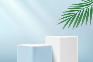 Abstract white round corner cube platform podium. Window lighting . Green palm leaf. Light blue minimal wall scene. Vector rendering 3d shape for Product display presentation. Pedestal summer concept.