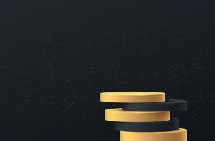 Black and glowing gold cylinder pedestal podium overlap with shadow. Black minimal wall scene with golden glitter texture. Vector rendering 3d shape for product display presentation. Abstract room.