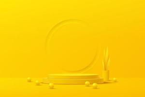 Abstract yellow cylinder platform podium with sphere ball. Plant pot and leave decorate. Bright yellow minimal wall scene with emboss circle. Vector rendering 3d shape for product display presentation