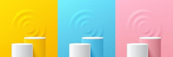 Set of steps yellow, blue, pink, white cylinder pedestal podium. Emboss ring shape with pastel color backdrop. Abstract vector rendering 3d shape. Product display presentation. Minimal wall scene.
