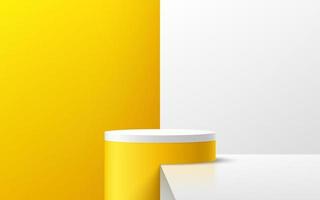 Abstract white and yellow cylinder platform podium. Bright yellow and white minimal wall scene. Modern vector rendering 3d shape for product display presentation. Geometric pedestal design.