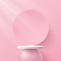 Sweet pink, white cylinder pedestal podium. Platform geometric shape. Sweet pink minimal wall scene with circle backdrop. Pastel color abstract room. Vector rendering 3d shape for Product presentation