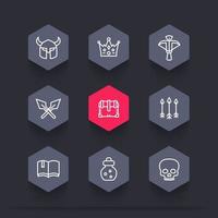 Game line icons set 2, armor, crossbow, chest, arrows, potion, crown vector