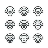 simios, mono, chimpancé iconos lineales sobre blanco vector
