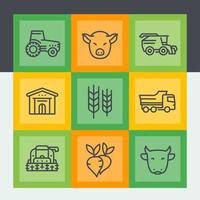 conjunto de iconos de línea agrícola y agrícola, tractor, cosecha, ganado, ganadería, maquinaria agrícola, cosechadora, granero vector