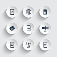 wireless technology icons, 4g network pictogram, lte icon, mobile communication, connection signs, 4g, 5g mobile internet icons on round 3d shapes, vector illustration