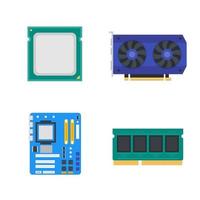 iconos de componentes informáticos, placa base, memoria, tarjeta de vídeo, cpu, ilustración vectorial vector