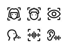 conjunto simple de iconos de línea vectorial relacionados con la seguridad biométrica. contiene íconos como escáner facial, reconocimiento de retina, identificación de voz y más. vector
