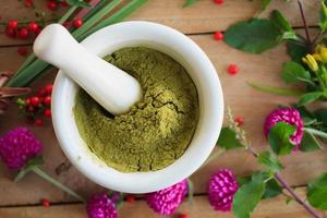 Fresh herbs powder in the mortar, alternative medicine photo