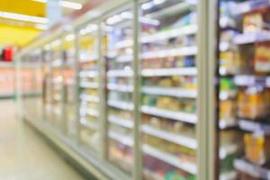 Frozen food section in supermarket blurred background photo