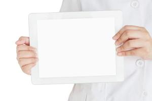 pharmacist hand hold tablet computer with blank screen photo