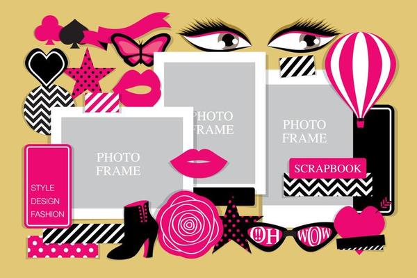 Pink and black theme fashion items vector for scrapbook or collage artwork.