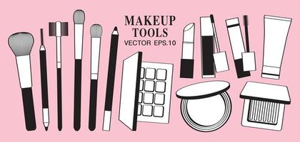 bonita línea vectorial de herramientas de maquillaje sobre fondo rosa pastel.