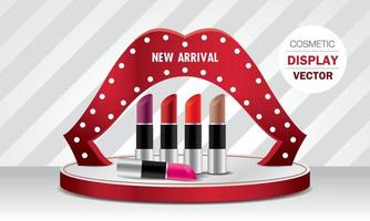 lipstick collection on step with lip shape arch stand. cosmetic product display 3D illustration vector. vector