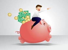 The man and his piggy bank are running happily because they have a lot of money. Saving money illustration vector. vector