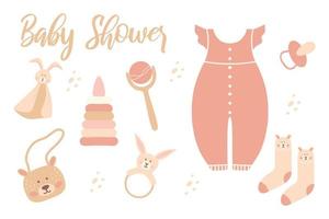 A collection of essentials for newborns in a boho style. Baby products for the first year of life. Baby shower.vector illustration. vector