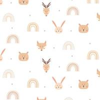 Childish pattern with cute forest animals. Children's boho style. Hand drawn pattern with fox, hare, deer, bear. vector