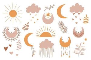 clipart boho vectorial dibujado a mano para la decoración de la guardería con luna linda, sol, nube, atrapasueños. ilustración moderna del garabato. perfecto para baby shower, fiesta de cumpleaños, fiesta infantil vector