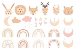 Children's hand drawn set of rainbows, animals, stars, moon, hearts. Cute set of clip-arts in children's boho style. Collection in pastel colors. Vector illustration.
