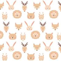 Childish  pattern with cute animal heads. Drawn pattern with hare, bear, deer, fox, lion and giraffe. Kid's boho style. Scandinavian style.Vector illustration. vector