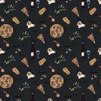 Doodle Seamless Pattern With Italian Food. Hand Drawn Pizza, Wine, Olive Branch And Others. vector