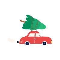 Car driving with Christmas tree on the roof, flat vector illustration isolated on white background. Cute winter sticker. Tree transportation or delivery.