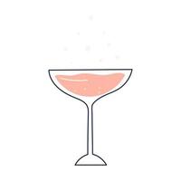 Glass of rose wine or martini with linear element, flat vector illustration isolated on white background. Hand drawn glass for  drinking alcoholic beverages at the parties.