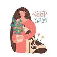 Keep Calm.Young woman hugs her dog and potted plant. Long haired girl embracing her domestic animal and houseplant. Female character cuddling with her pet. Isolated Flat vector illustration