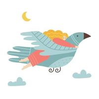 Woman flies through the sky hugging huge bird. Sleeping and dreaming. Psychological concept of mental health. Female character is a flying on big bird. Vector flat hand drawn illustration.