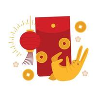 CNY greeting card with rabbit playing with money newt to big angpao or red envelope. Big red packet with lantern, coins and flowers Animal zodiac symbol of 2023. Vector flat illustration.